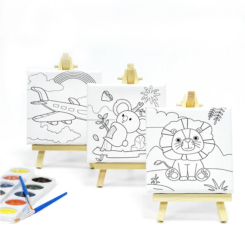 24 packs 10*10CM DIY Mini Canvas and wood display Easel Sets Multi Size Mini Wood Easel With Canvas Sets For Kids Painting