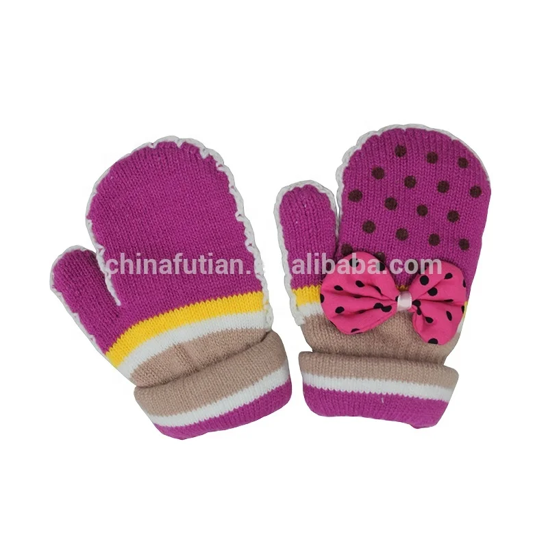 Модные зимние плотные двухслойные детские милые вязаные рукавицы с аппликацией и бантом