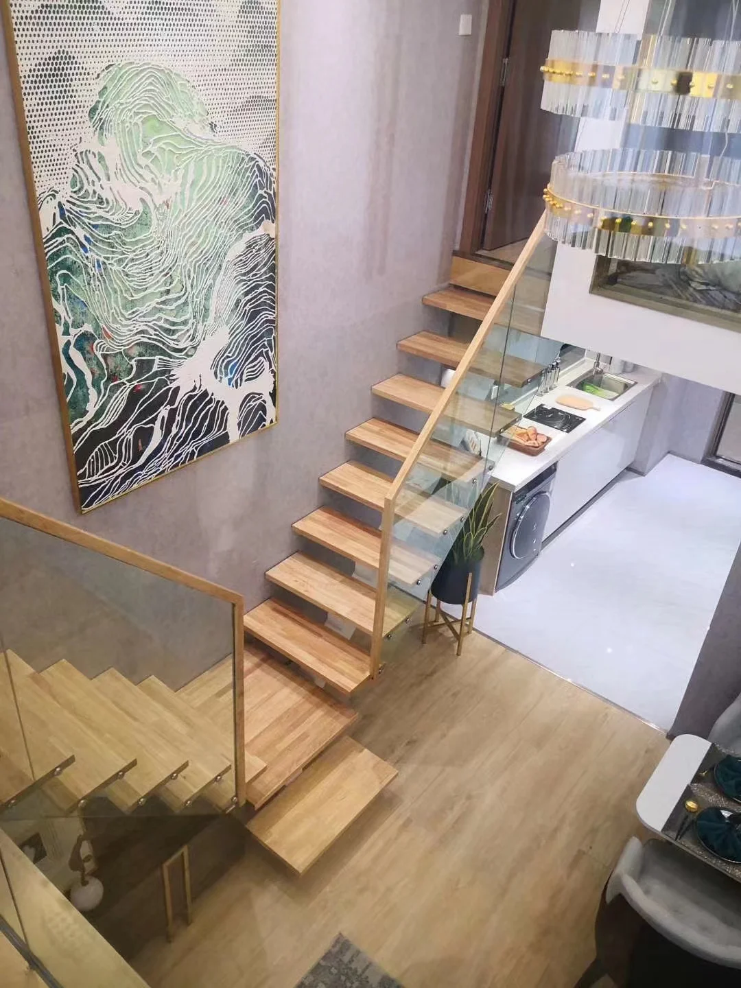 Modern design indoor wooden metal straight U shape steel wood stair double stringer glass dual staircases