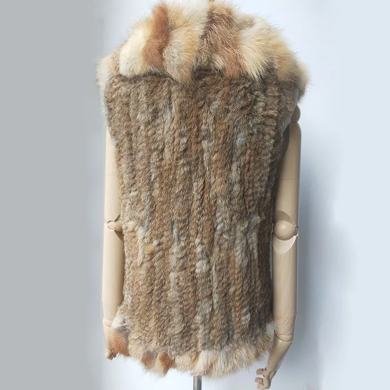 Women Knitted Real Rabbit Fur Vest With Real Fox Fur Collar Short Female Genuine Fur Waistcoat Female Sleeveless Jacket
