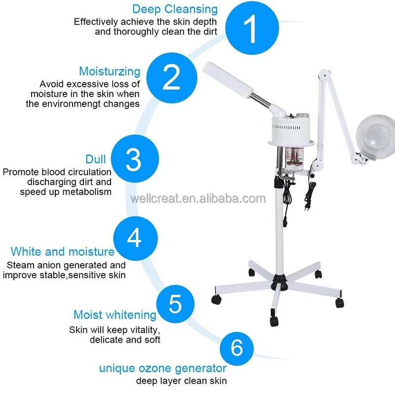 2 in 1 Facial Steamer with 5X Magnifying Lamp Face Hair Steamer Humidifier Vaporizer Mist Inhaler Facial Pedestal Vaporizer