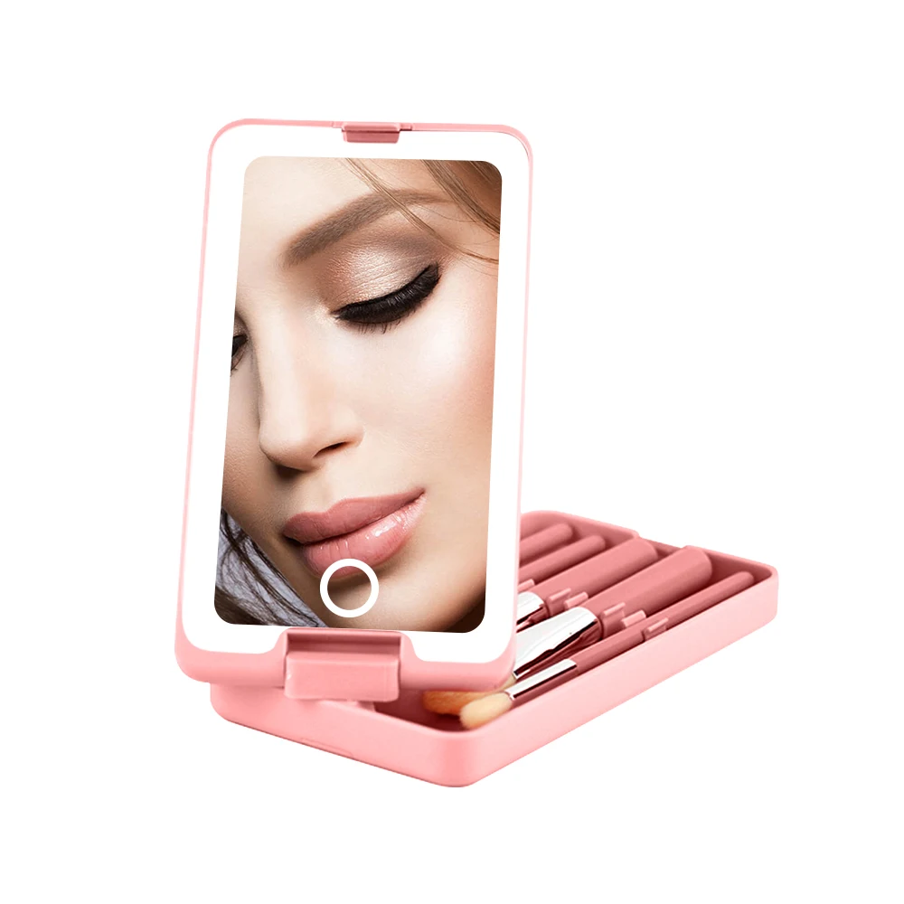 Hot Custom Foldable Single Side Pink Square Plastic Portable Make up Chassis Storage touch switch Vanity Brush LED Mirror Set