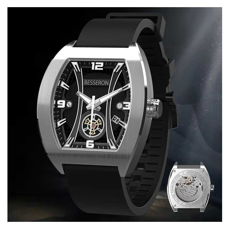Skeleton Tourbillon Hollow Out Mechanical Watches With Calendar,custom Logo Luxury Relojs Tonneau Case Automatic Watch For Men