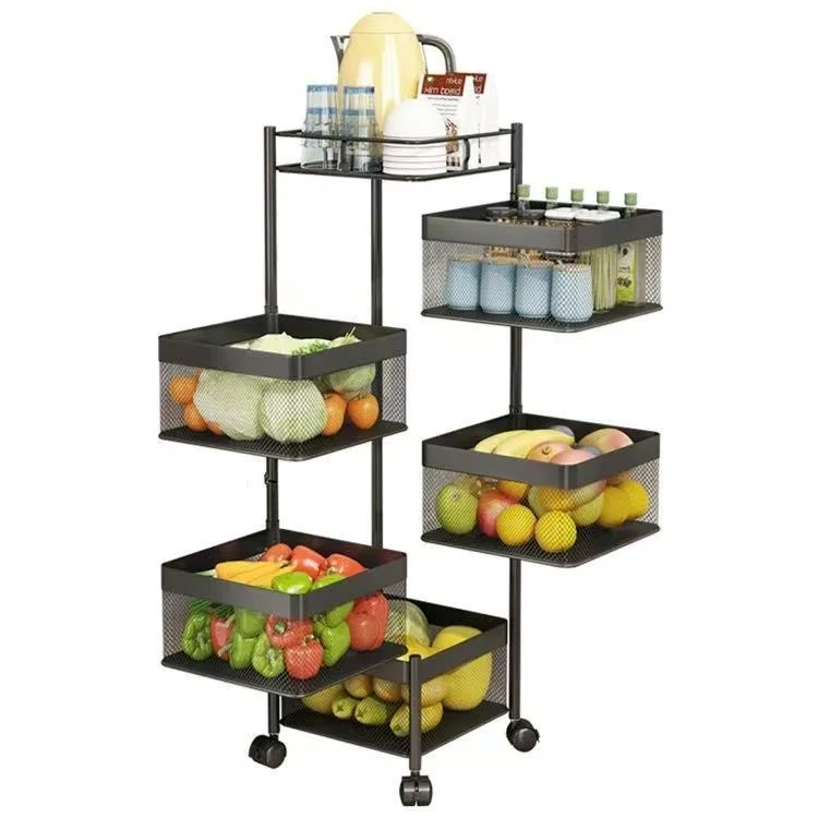 Kitchen storage rotatable shelf 3 4 5 Layer Rotating Practical Trolley Kitchen Square Shelf With Wheel Storage Rack