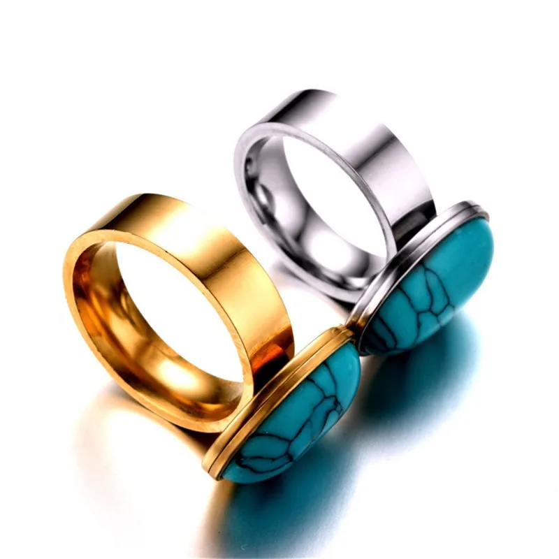 Retro Big Turquoise Stone Rings Titanium Steel Coral Floating Promise Rings Jewelry for Men Women