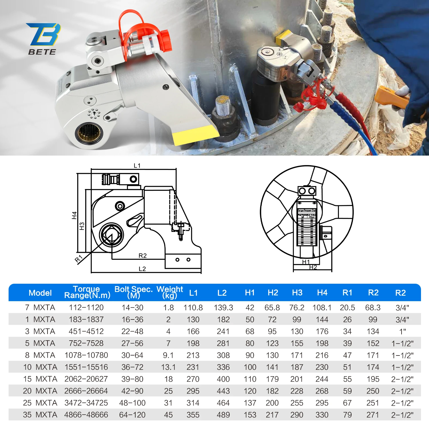 8MXTA China 70 Mpa High Strength 1078 To 10780 Nm Drive Adjustable 1/2  Hydraulic Torque Wrench Tool
