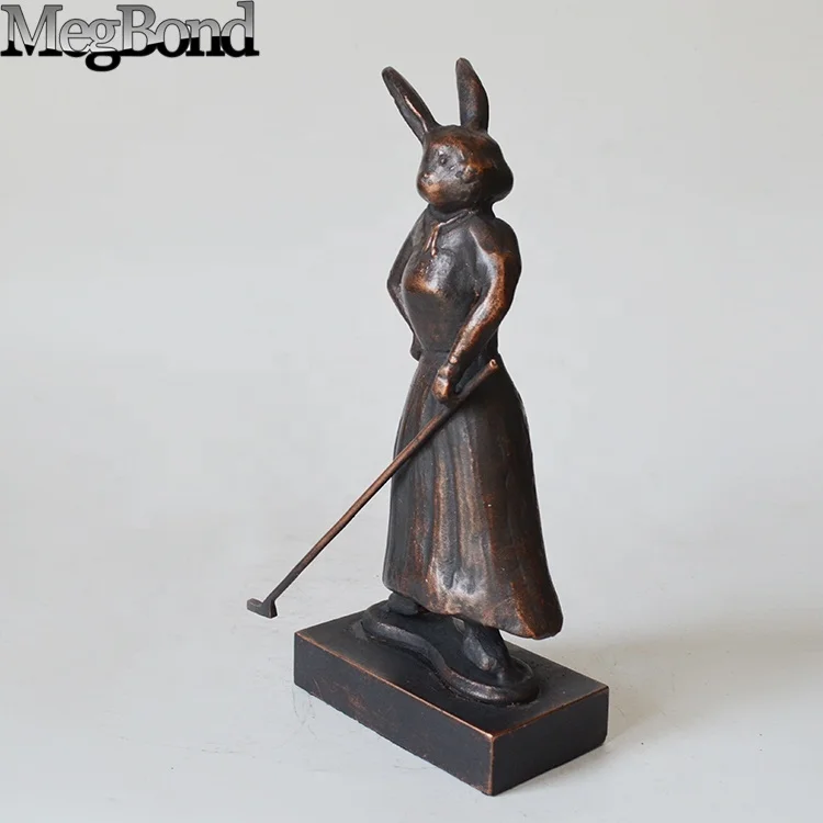 elegant lady rabbit golfer statue, Cute metal table top decoration