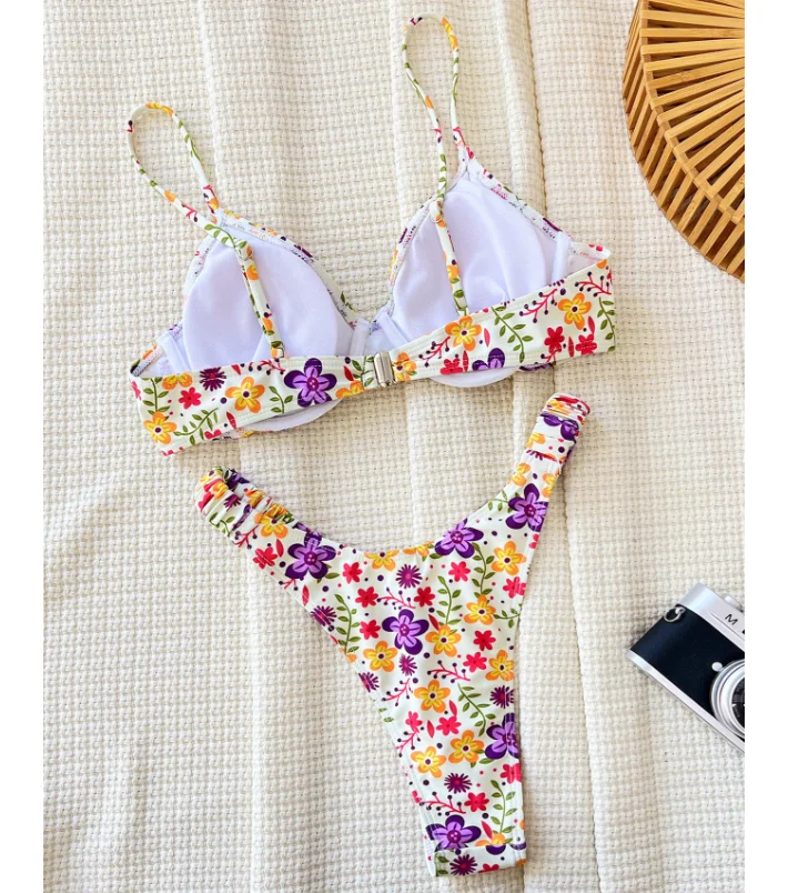 STOCK Custom Print Women Underwire Swimwear With Pad V-Shape Bottom High Rise Cheeky Mini Bikini Set