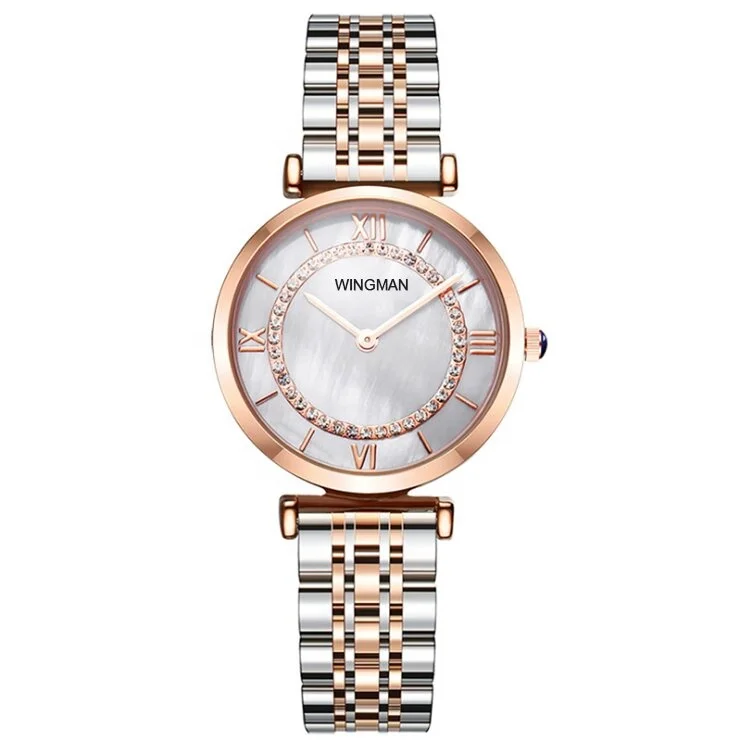 Custom Made Rose Gold PVD Plating SW Diamond Mother of Pearl Watch Dial Quartz Elegant Solid Steel Polish Bracelet Watches