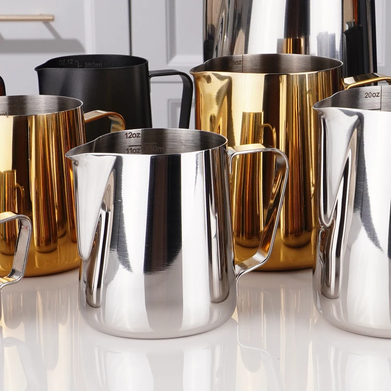 QZQ Arab Barista Coffee Maker Frother 350ml 600ml Mini Silver Black Stainless Steel Latte Frothing Milk Jug Pitcher