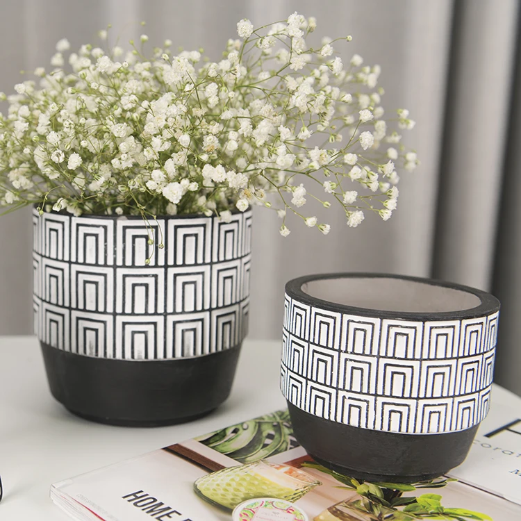 Desktop Round Shaped Cement Decoration Flower Pot Planter Stand Iron Metal