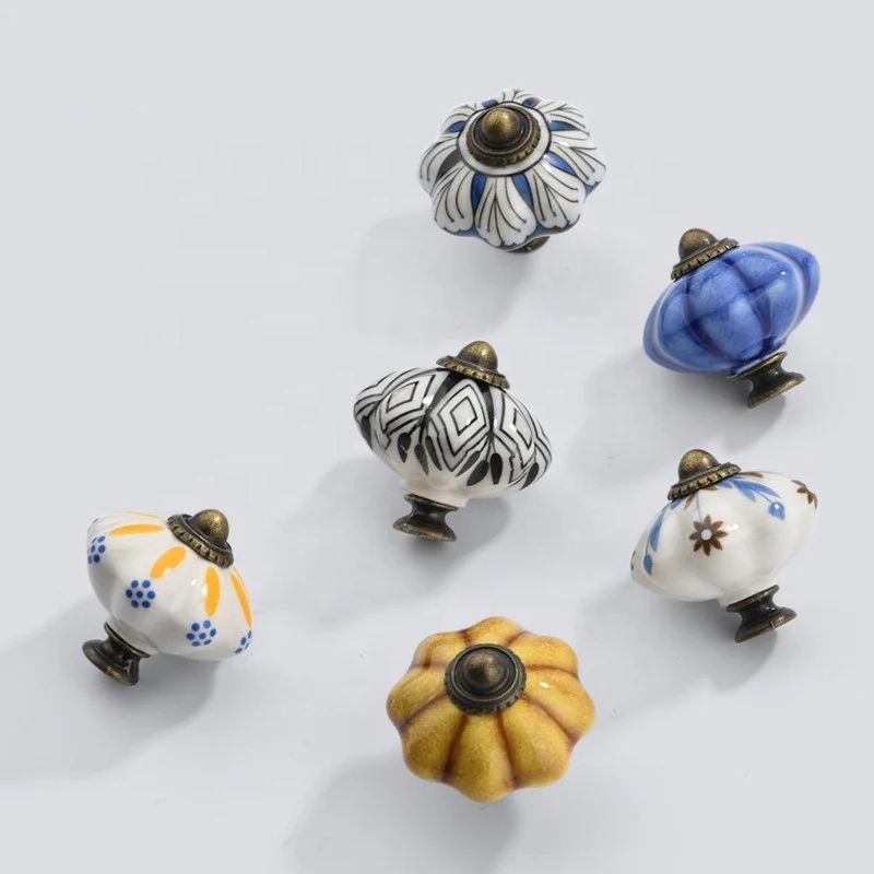 Ethnic Style Ceramic Cabinet Knobs Round Furniture Drawer Pulls for Bedroom Kitchen Living Room and Dresser Doors Cupboards
