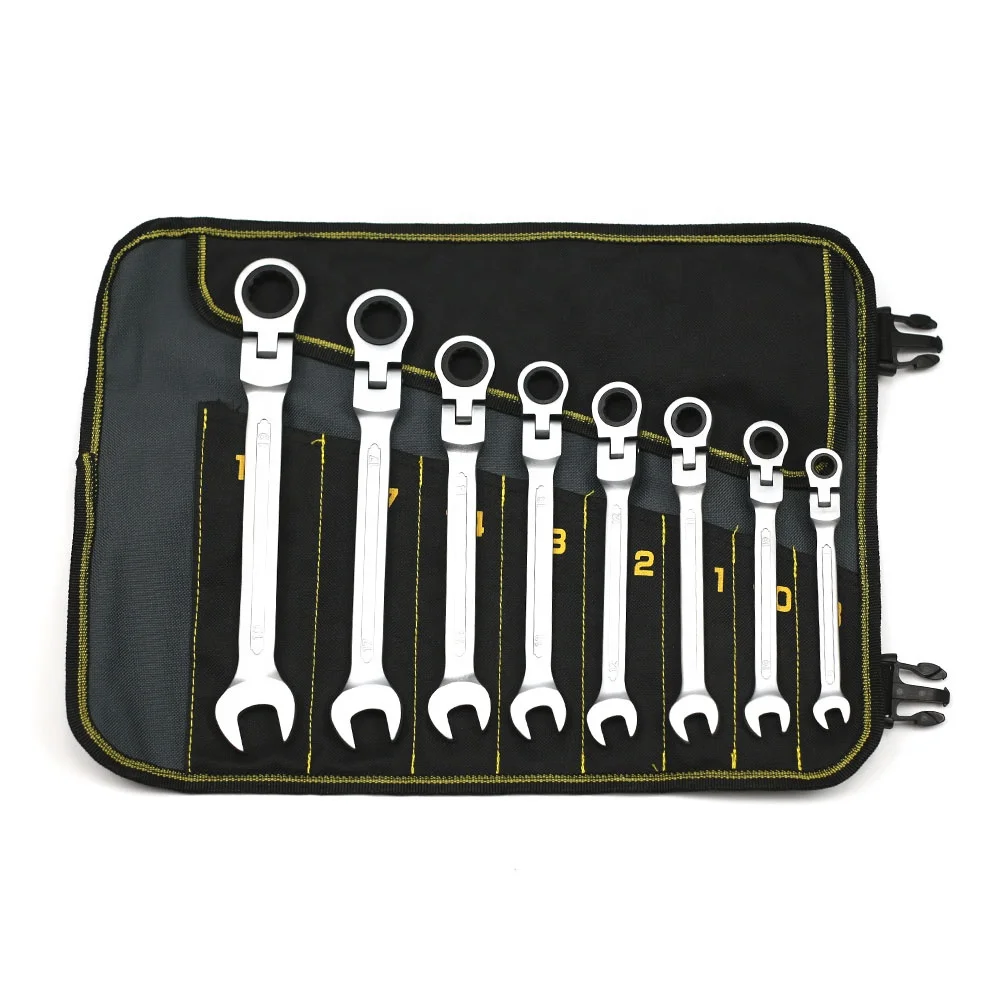 8pcs flex head combination ratchet wrench spanner set with new canvas hanging bag