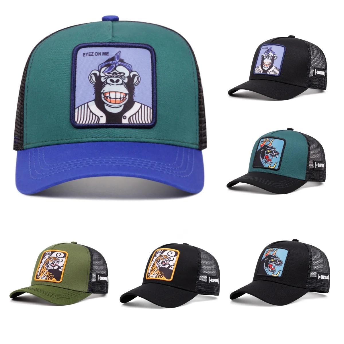 New Arrival Men Women Outdoor 5 Panel Embroidery Patch Anime Gorras Baseball Cap Mesh Trucker Hats dragon monkey embroidery