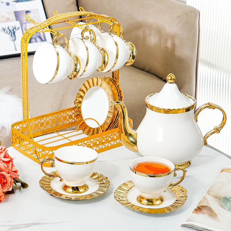 Ceramic Gold Rim Coffee Tea Set Luxury European Style Porcelain White Coffee Cups and Saucers with Teapot Tea Set Service for 6