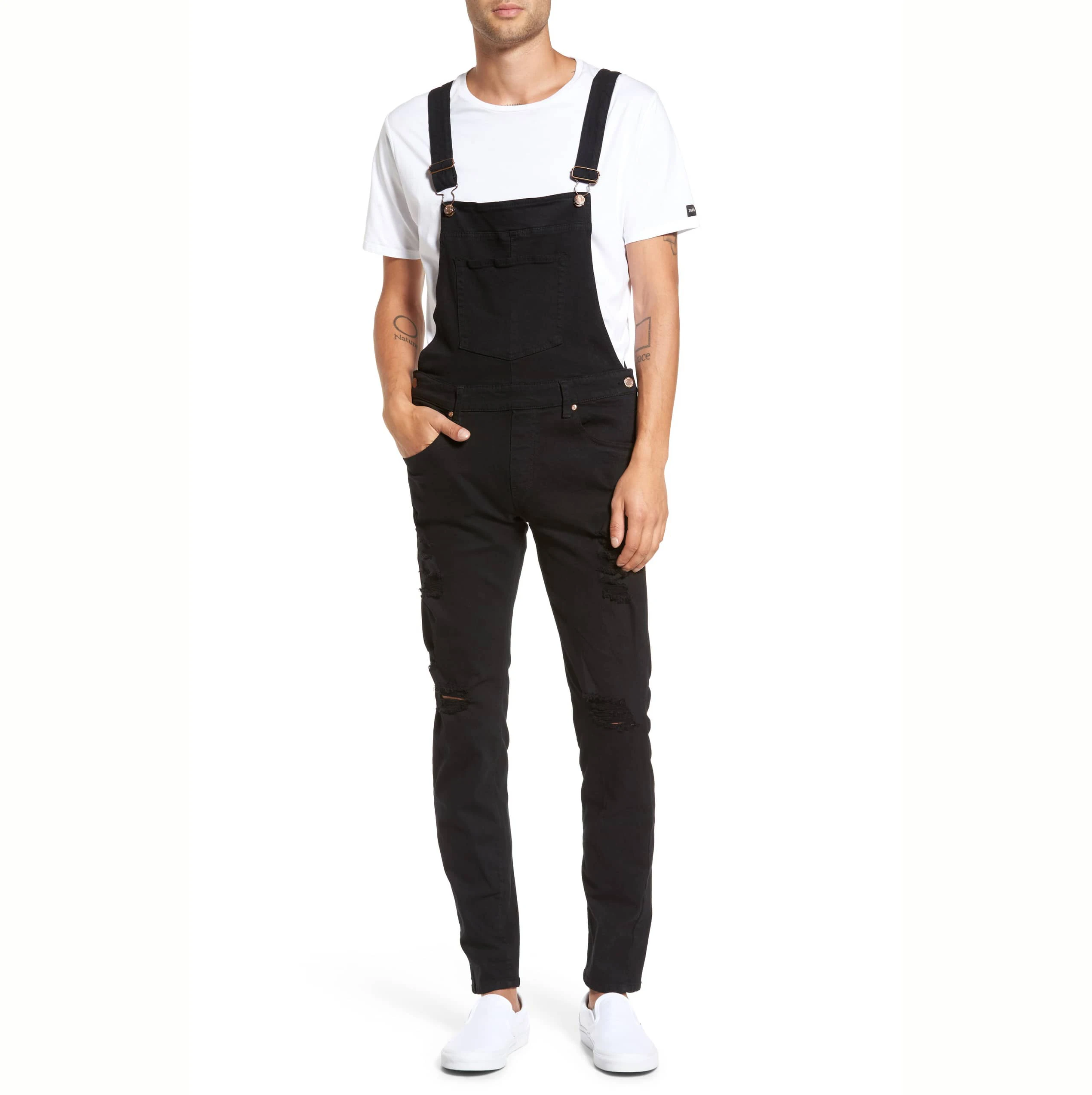 Men Black Overalls Denim European Utility Fashion Stretch Dungarees For Men Slim Ripped Bib Working Denim Overalls For Men