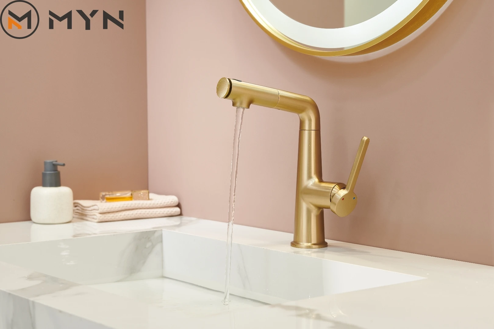 Modern design key switch water brass bathroom faucet hot and cold water control pull out pull up wash face basin faucet