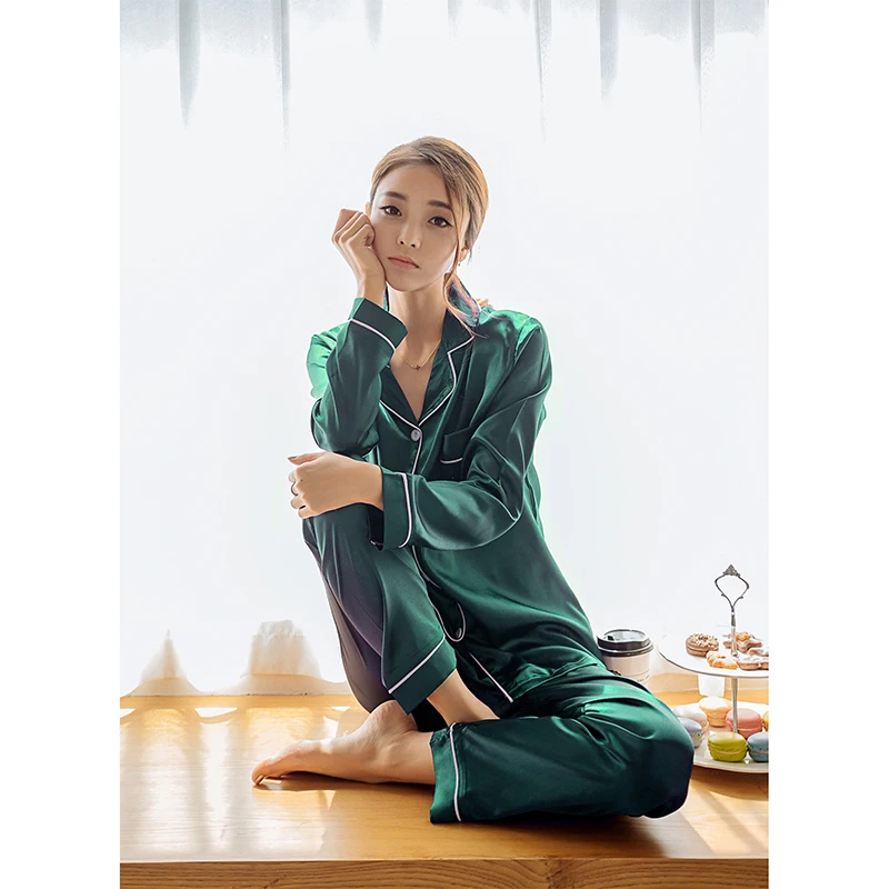 Women Silk Sleepwear High Quality Embroidery Blank Ruffle V-neck Ladies Pajamas