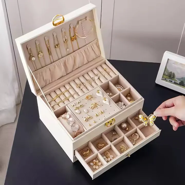 Factory Wholesale 2-Layer Drawer Large Jewelry Box Organizer with Lock Jewellery Storage Organizers Gift Case for Women Girls