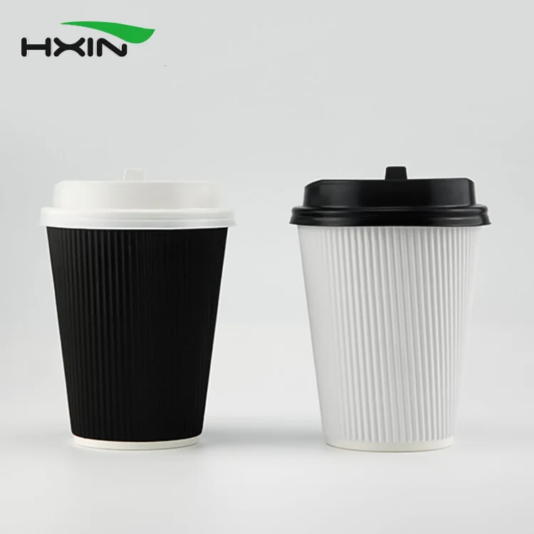 Disposable 8oz/12oz/16oz Paper Cups PLA / PE Coated Ripple white black Double Wall Coffee Paper Cup