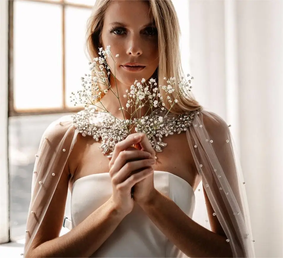 Latest Design Bridal Cape Cathedral Wedding Accessories Veil Long Bolero Rhinestone Pearl Handmade Bridal Shawl