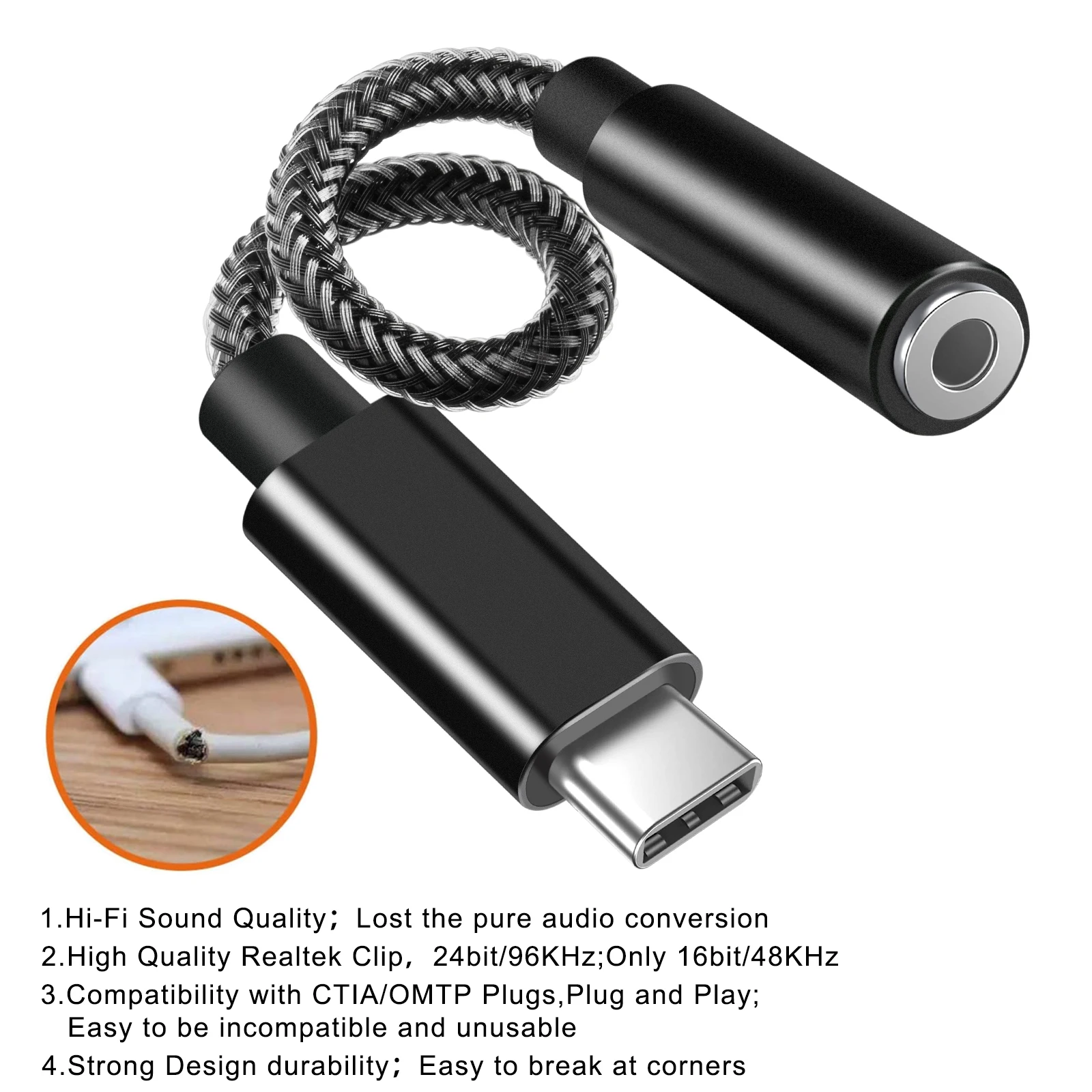 Factory OEM type C to 3.5mm headphone Nylon jacket audio adapter