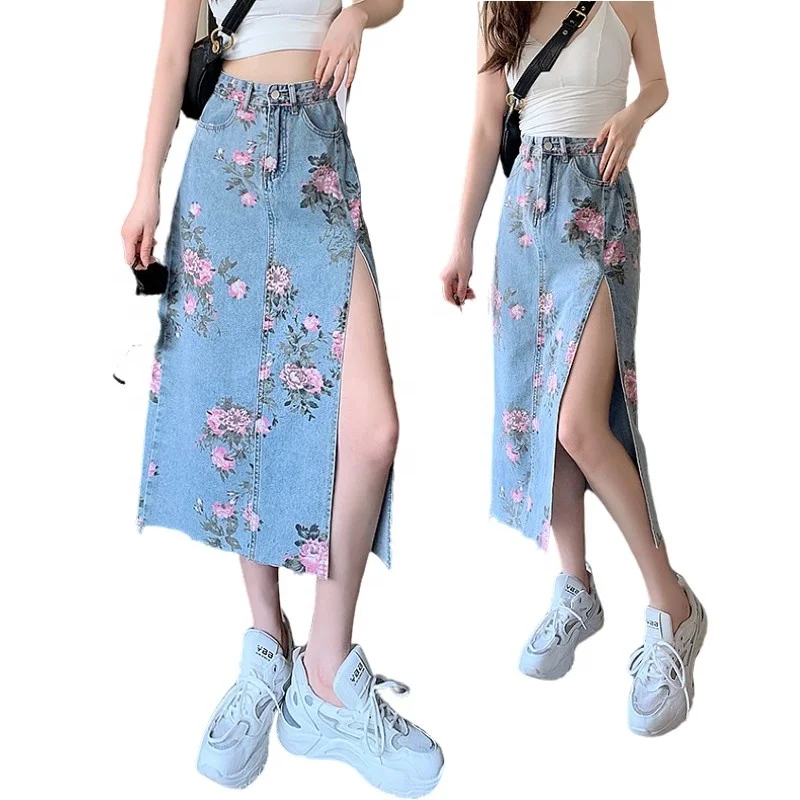 Wholesale Floral High Waist Skirt Womens Plus Size Irregular And Slit Jeans Midi Blue Jean Skirt Ladies Jeans Mid-Length Skirt