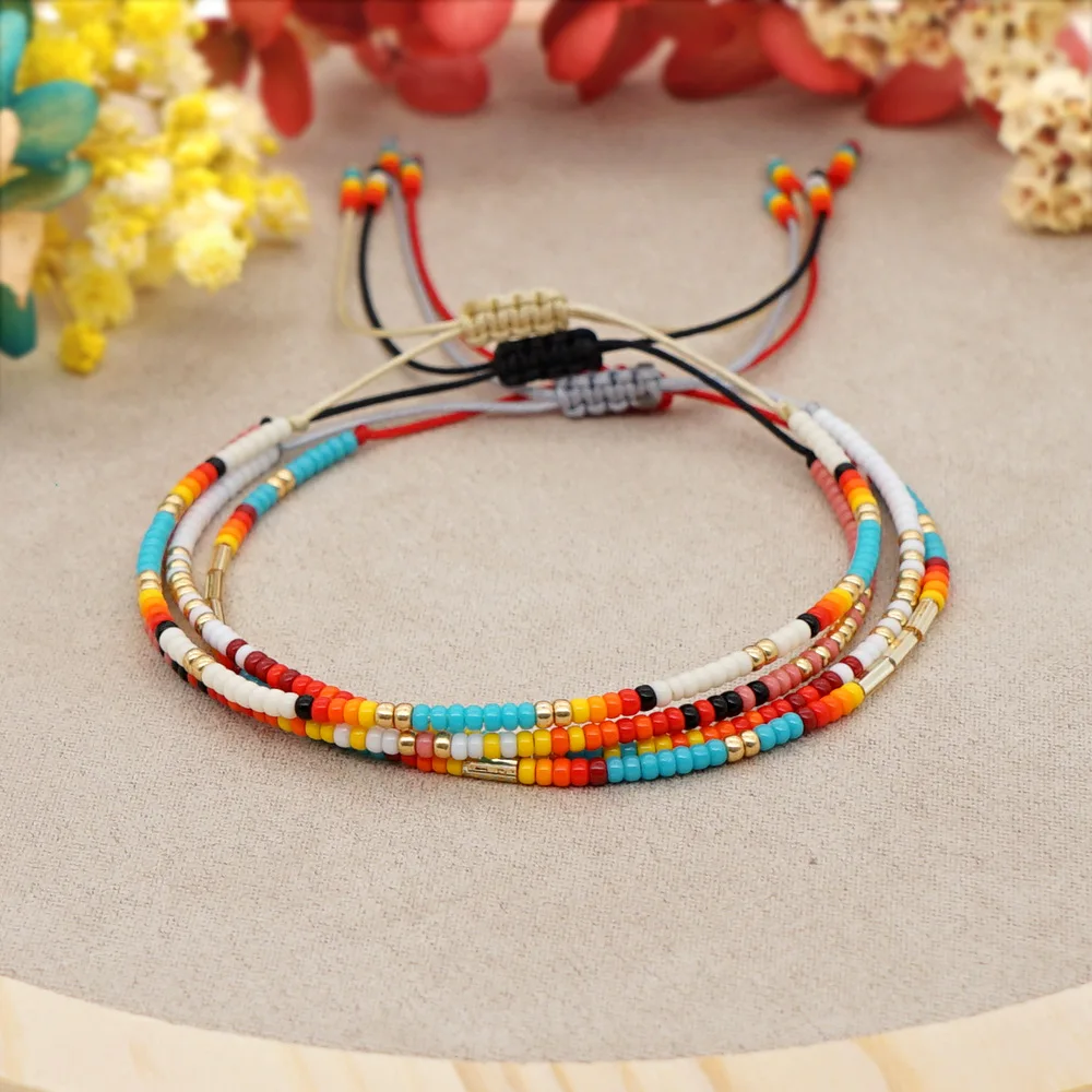 Bohemian Rainbow Color Miyuki Beaded Bracelet Handmade Adjustable Seed Beads Gold Tube Charm Bracelet For Women Couple Jewelry