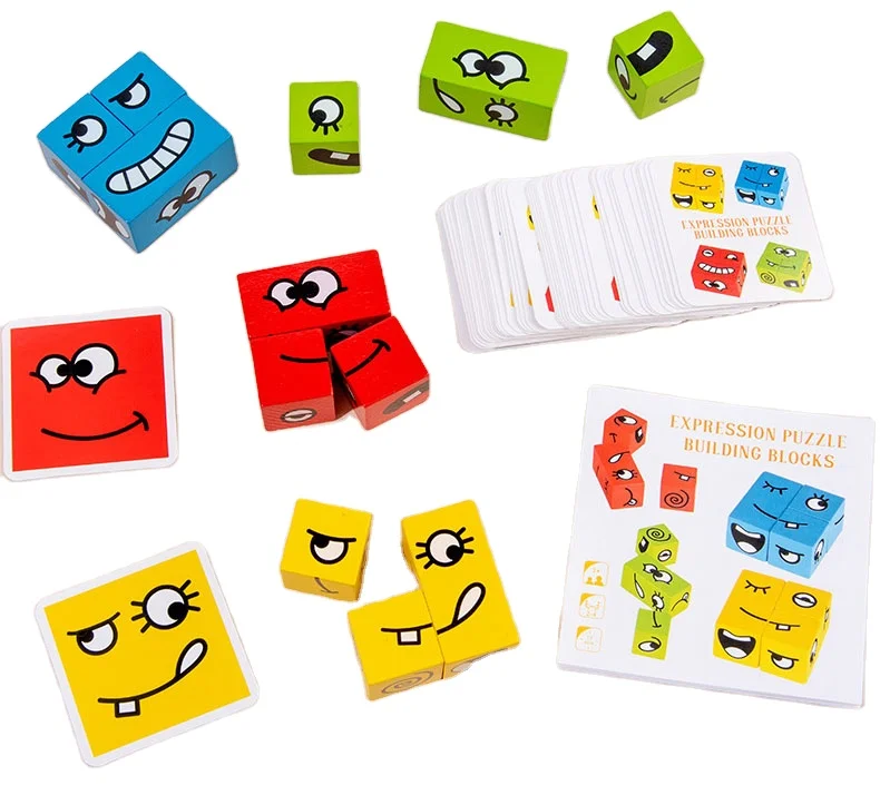 2022 Yicheng Wooden Cube Children Montessori Training Game Wooden Expression Puzzle Building Blocks Face Changing Cube Magic