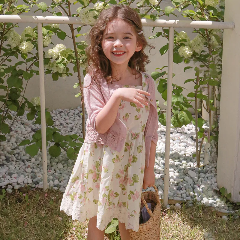 Summer South Korea Ins Dignified Hot Summer Kids Girls Floral Lace Dress Korean Style Baby Girls Sweet Vest Cotton Dress