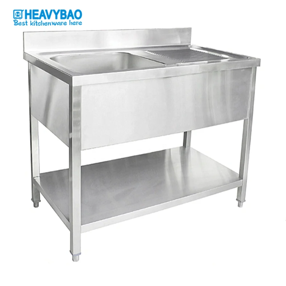 Heavybao Commercial Used Stainless Steel Kitchen Sinks Bench Worktable Stainless Steel Double Bowl Sink Bench for Sale