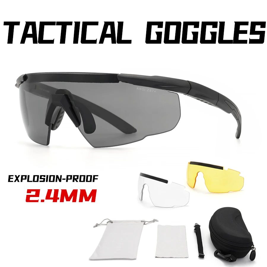 Z87.1 Safety Shooting Glasses Tactical Eyewear TR90 Frame UV400 Windproof 2.4mm Thick Lens With 3 lens