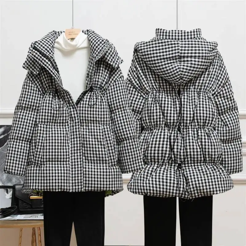 
Gray A-line Pattern Cotton Below Knee Long Sleeve Polyester Small Checked Coat for Women 