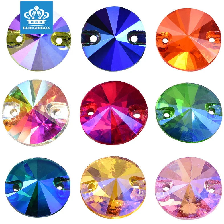 Blinginbox Hot sale Grade 3A Crystal Ab Round Rivoli  Flatback Glass Sew On Rhinestones For Rhinestone Decoration