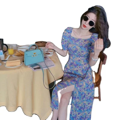 Фиолетовое платье с пышными рукавами для женщин, лето 2021, новый стиль, подол, разрез, западный стиль, Цветочная Талия, длинная юбка, платья для женщин и девушек