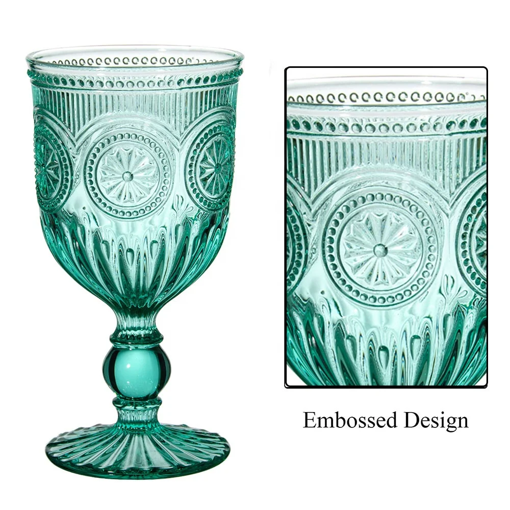 Vintage Elegant Machine Pressed Diamond Short Stem Water Glass Embossed Goblet Wine Glass