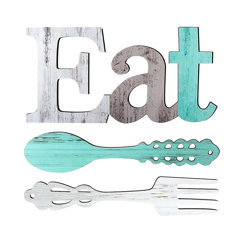 Multicolor Rustic Cutout Eat Fork Spoon Wooden Wall Signs For Kitchen Home Decor