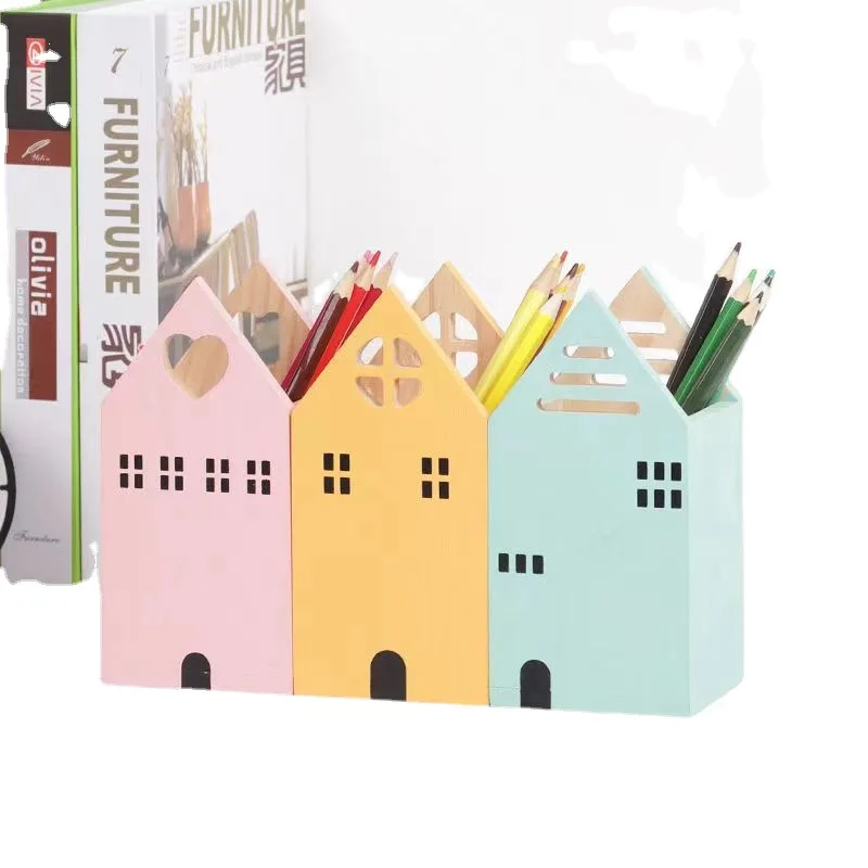 Cute Desktop Office Supplies Wood Pen Holder Stand for Desk Geometric Pencil Cup Pot