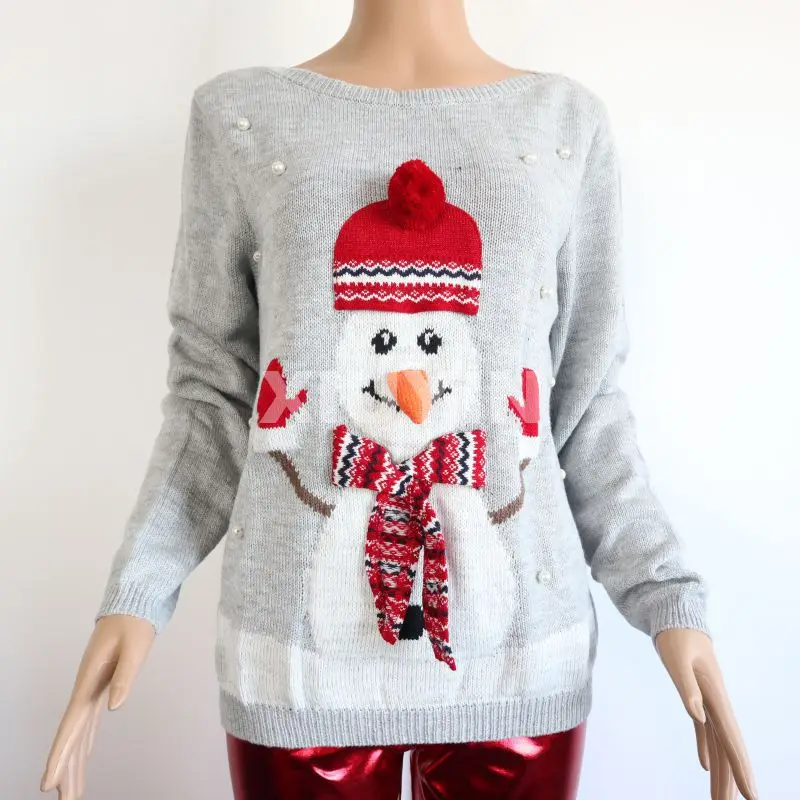 
Ugly Christmas knit sweater funny Characters jacquard cardigan with pearls ,pompoms ,sequins and winter thick pullover 