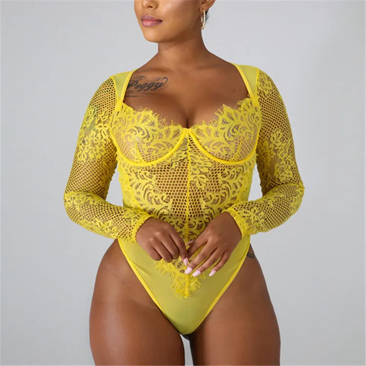 Vintage Embroidered Lace Polka Dot Long Sleeve One Piece Lace Bodysuit Mesh sexy lingeries women underwear