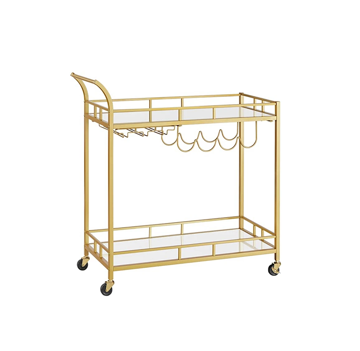 Hotel Furniture Drink Beverage Cart Gold Frame Rolling Bar Carts Acrylic Glass 2 Shelves Food Serving Trolley Cart