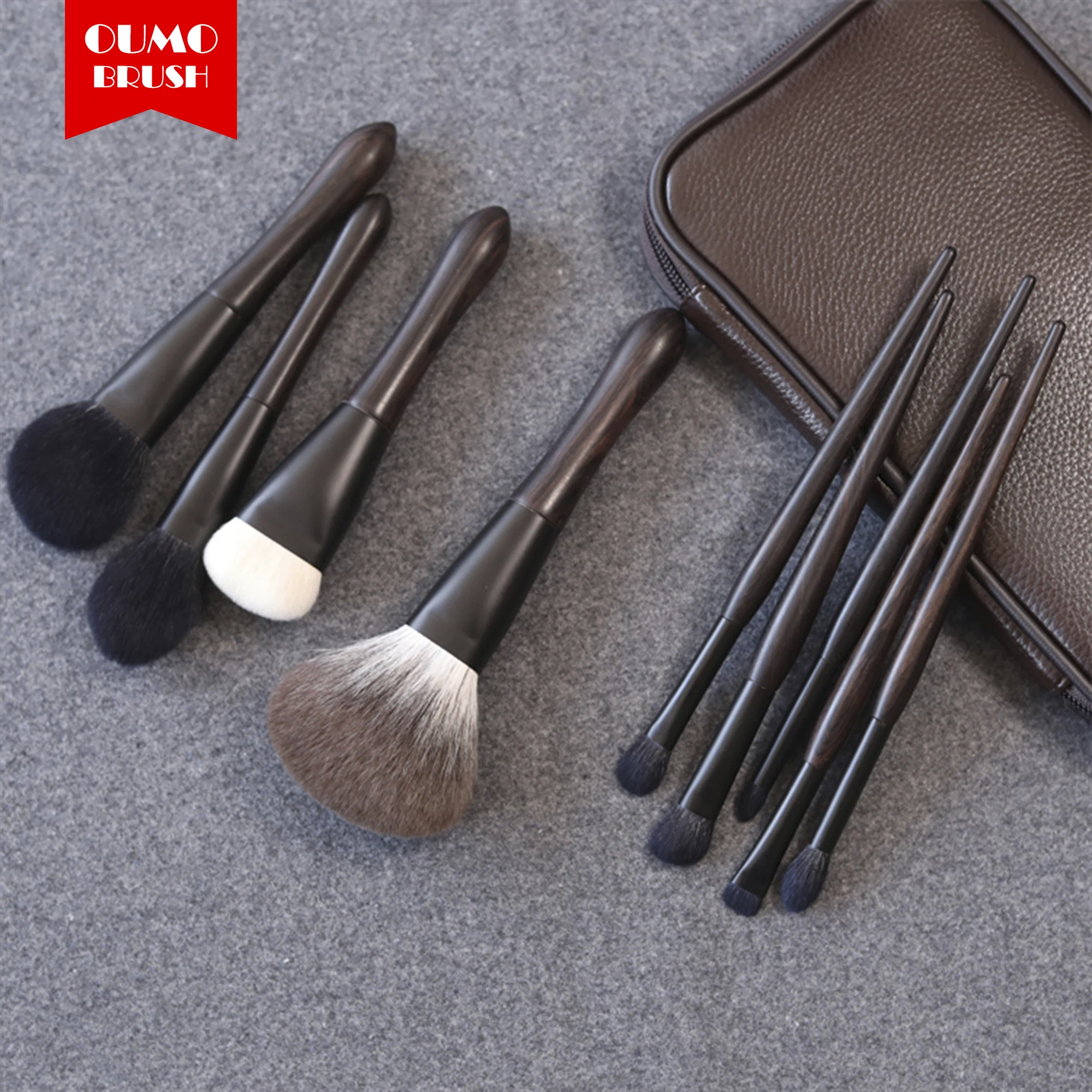 OUMO BRUSH--5/9pcs natural hair makeup brushes snow fox/XGF goat hair professional Ebony handle makeup brush set custom logo