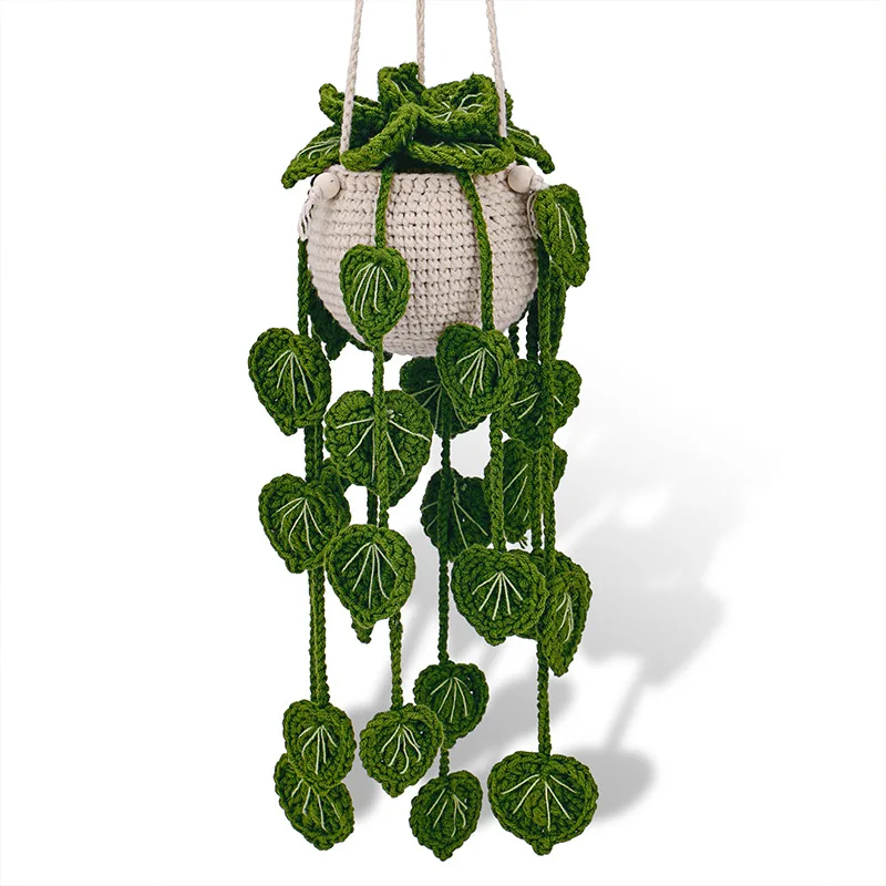 SYDIYCute Potted Plants Crochet Car Basket,Hanging Plant Crochet for Car Decor,Car Ornament Rear View Mirror Hanging Accessories