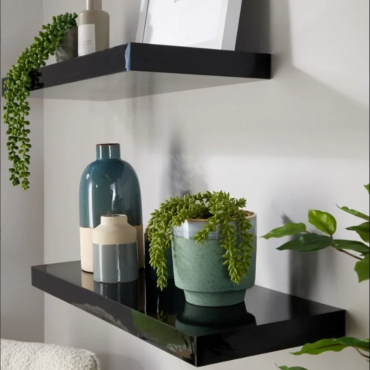 Home Source Living Room Furniture Cloud Pair of 80cm Gloss Floating White Hollowboard with paper finish Wall Shelves