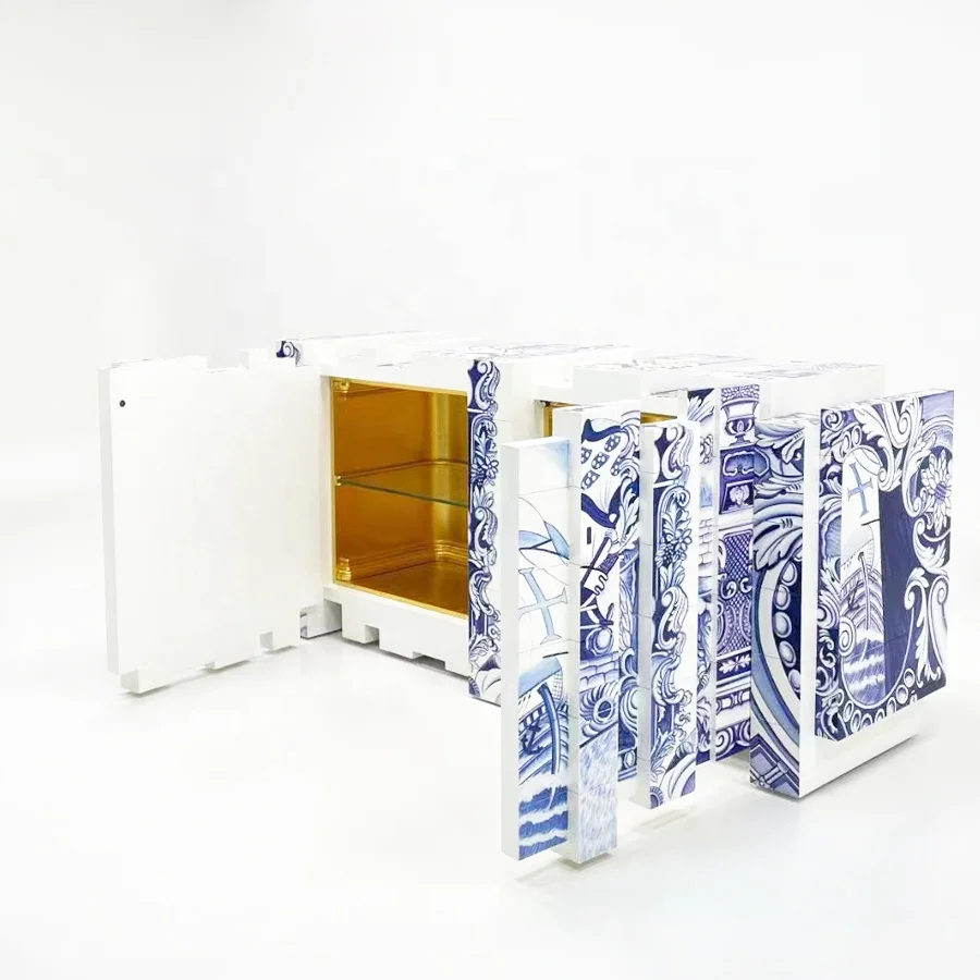 High-end luxury Chinese blue and white porcelain style matrix sideboard storage cabinet furniture