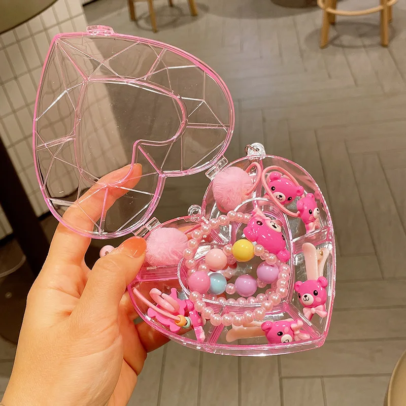 Baby Girls Clear Heart Box Resin Acrylic Bead Chain Kitties Rabbits Pendant Necklaces Bracelets Rings Jewelries Sets