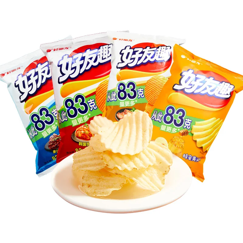 snacks wholesale Distributor China Best selling fried big wave potato chips Crisps Puffed Snack Steak flavor 83g Kimchi flavor