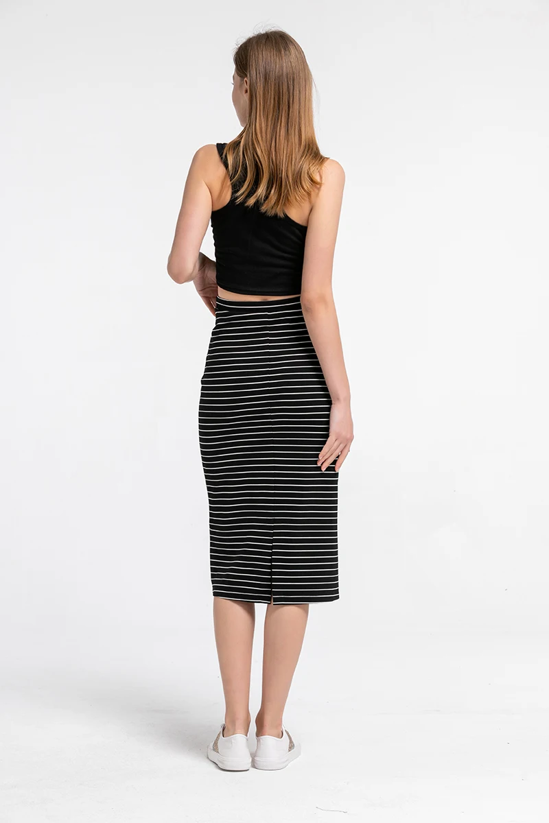 Женская юбка-карандаш до колен, эластичная длинная юбка в полоску со средней талией и шнуровкой