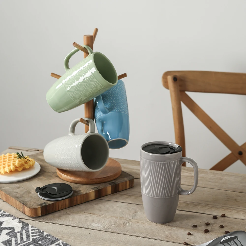 Tasse Casual On-glazed Blue Drinkware 2023 Cups Embossed Customised Stoneware Mugs Nordic Ceramic Coffee Travel Mug with Lid
