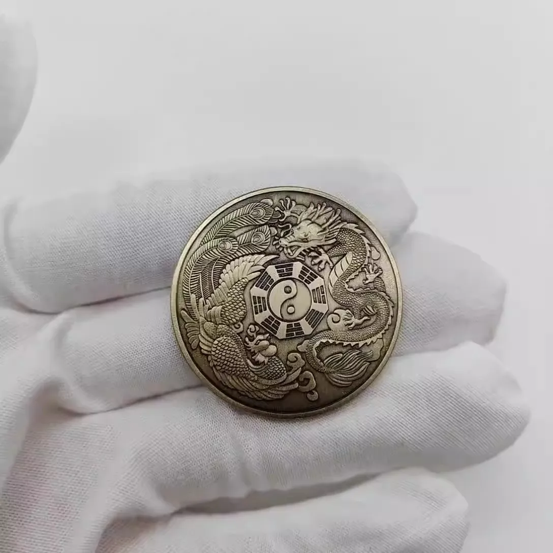 Taiji Yin Yang Bagua Medal, Dragon and Phoenix Antique Bronze Decorative Coin, Classical Taoist Philosophy Token, Creative Toy